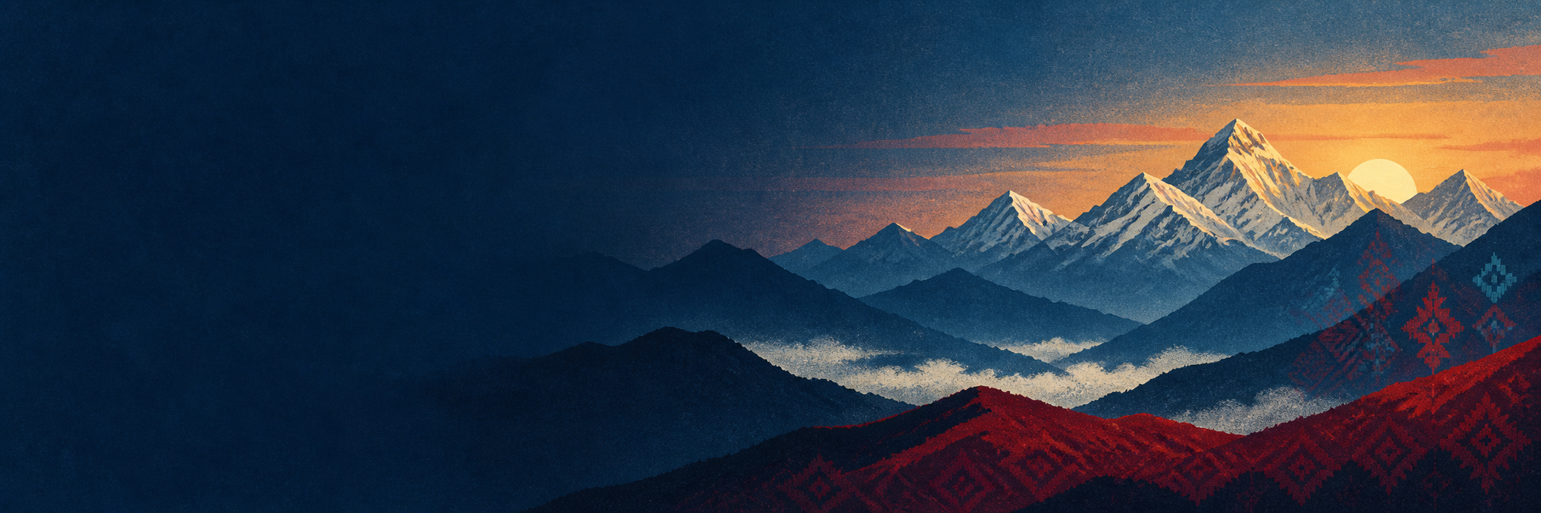 An illustrated Himalayan horizon at sunrise